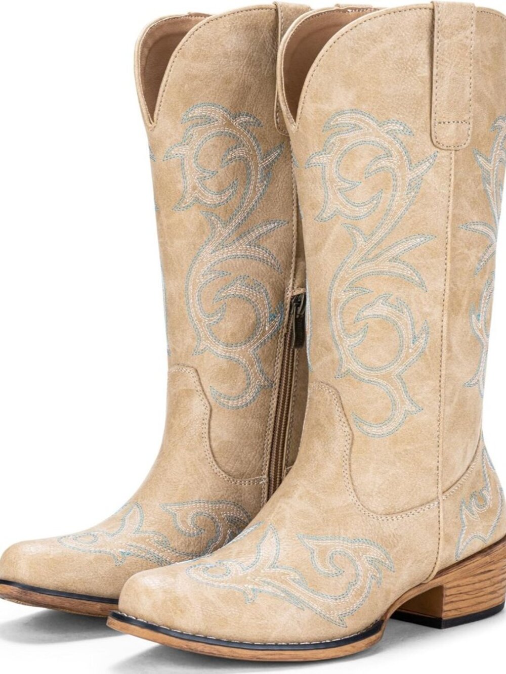 Women's Tan Wide Calf with Low Chunky Heel Cowgirl Western Embroidered Boots